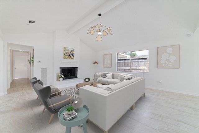 living area with beam ceiling, visible vents, a fireplace, and baseboards