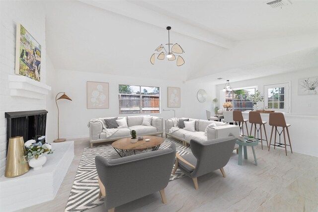 living room featuring an inviting chandelier, visible vents, a fireplace, and vaulted ceiling with beams