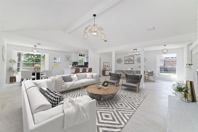 living room featuring visible vents, vaulted ceiling with beams, and a notable chandelier