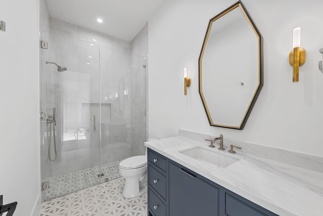 216 W 31st St, Houston, TX 77018 - bathroom featuring toilet, a shower stall, vanity, tile patterned floors, and recessed lighting