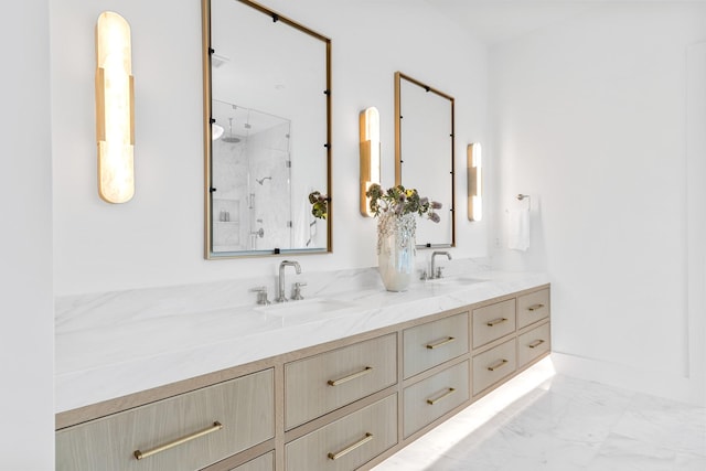 216 W 31st St, Houston, TX 77018 - full bath with marble finish flooring, double vanity, and a shower