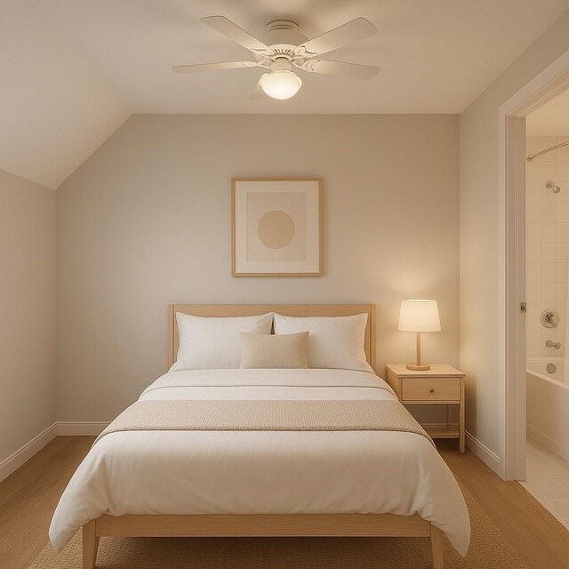 216 W 31st St, Houston, TX 77018 - bedroom featuring light wood-type flooring, a ceiling fan, vaulted ceiling, and baseboards