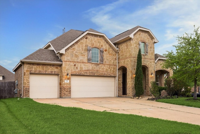 view of front of home with concrete driveway, a front lawn, stone siding, a shingled roof, and brick siding
