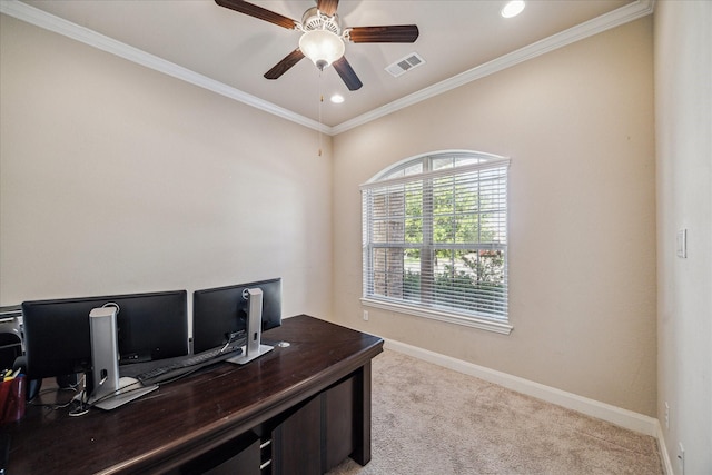 office featuring crown molding, ceiling fan, light carpet, baseboards, and visible vents