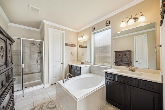 full bath featuring a garden tub, crown molding, a sink, a stall shower, and two vanities