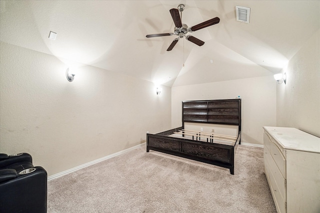 bedroom featuring light carpet, lofted ceiling, visible vents, and baseboards