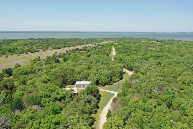 aerial view featuring a view of trees and a water view