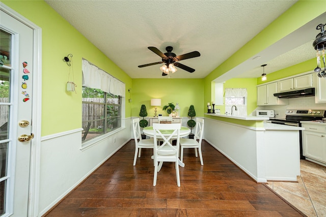 dining room featuring a textured ceiling, wood finished floors, a healthy amount of sunlight, and a ceiling fan