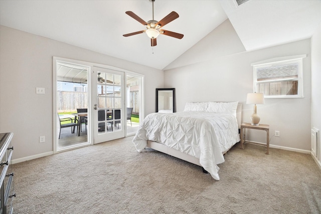 bedroom featuring baseboards, carpet, lofted ceiling, and access to exterior