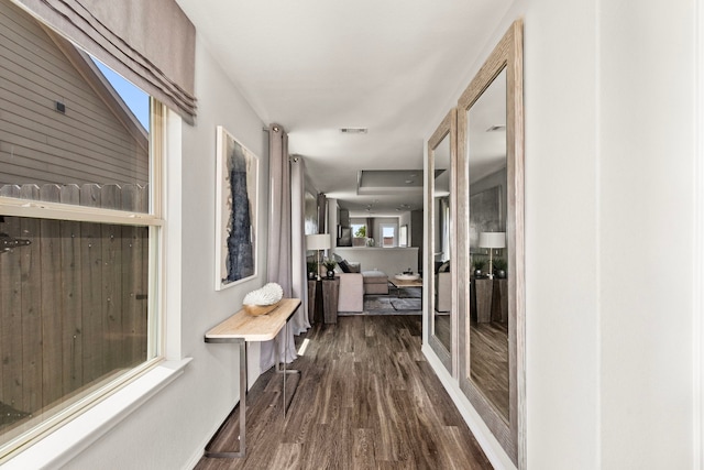 hallway featuring visible vents and dark wood-style flooring
