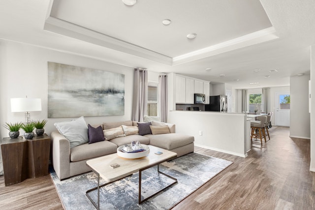 living area featuring baseboards, light wood-type flooring, and a raised ceiling