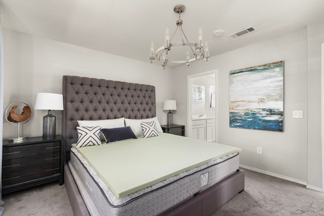 bedroom featuring baseboards, visible vents, light colored carpet, and an inviting chandelier