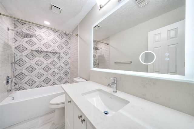 full bathroom with toilet, vanity, shower / tub combination, and visible vents