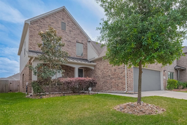traditional home with a front lawn, driveway, fence, brick siding, and an attached garage
