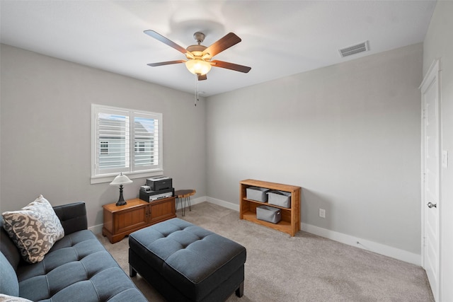 18611 Admiration Dr, Cypress, TX 77433 - living area with ceiling fan, light carpet, visible vents, and baseboards