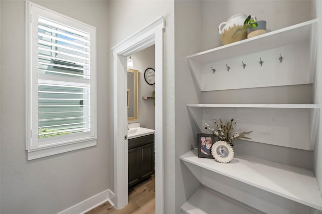 18611 Admiration Dr, Cypress, TX 77433 - interior space with baseboards, wood finished floors, a healthy amount of sunlight, and vanity