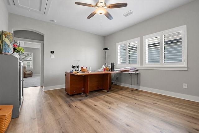 18611 Admiration Dr, Cypress, TX 77433 - office space featuring attic access, light wood-style flooring, visible vents, and ceiling fan