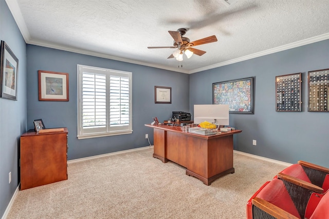 carpeted home office with ornamental molding, a textured ceiling, and ceiling fan