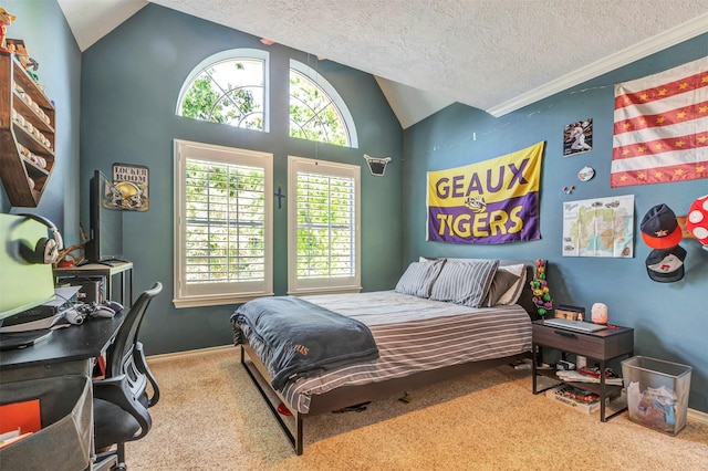carpeted bedroom with baseboards, a textured ceiling, and vaulted ceiling
