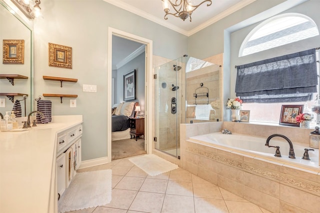 bathroom featuring a stall shower, crown molding, ensuite bathroom, and tile patterned floors