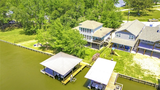 aerial view featuring a water view