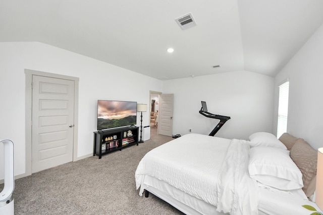 bedroom featuring visible vents, light carpet, recessed lighting, and lofted ceiling