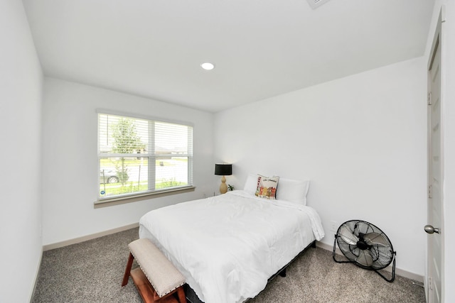 bedroom with carpet floors, recessed lighting, and baseboards