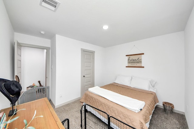 carpeted bedroom with visible vents, recessed lighting, and baseboards