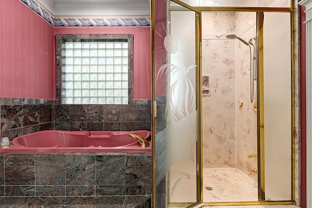 1002 Island Vw, League City, TX 77565 - bathroom with a bath, a shower stall, and crown molding
