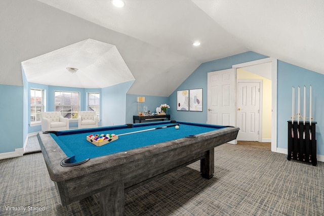 1002 Island Vw, League City, TX 77565 - recreation room featuring vaulted ceiling, baseboards, recessed lighting, pool table, and carpet floors