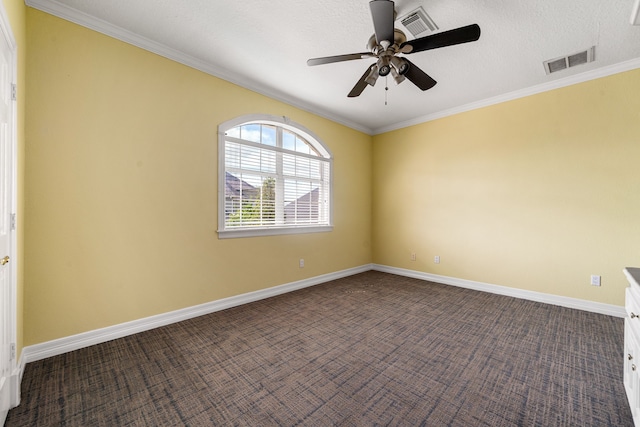 1002 Island Vw, League City, TX 77565 - empty room with dark carpet, ornamental molding, a ceiling fan, and visible vents