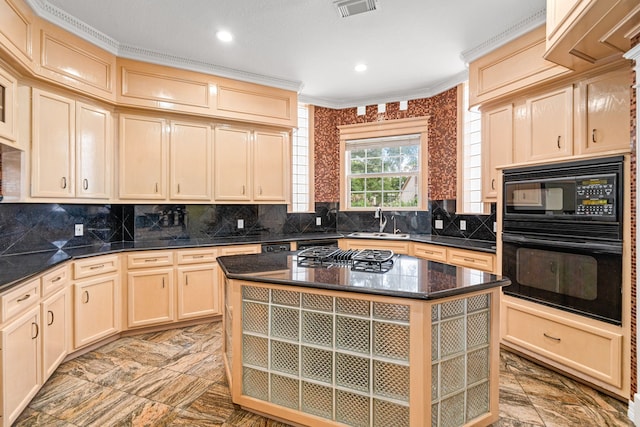 1002 Island Vw, League City, TX 77565 - kitchen with a sink, black appliances, decorative backsplash, ornamental molding, and visible vents