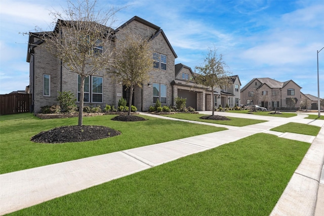 french provincial home with a front lawn, driveway, fence, brick siding, and a residential view