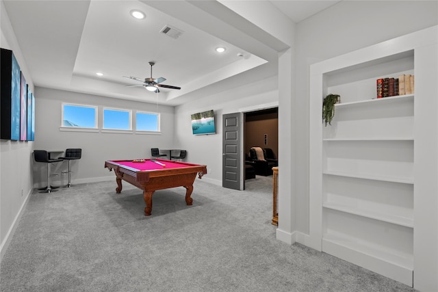recreation room featuring recessed lighting, carpet, billiards, visible vents, and a ceiling fan