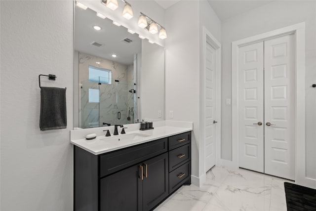 full bathroom with visible vents, marble finish floor, vanity, and a marble finish shower