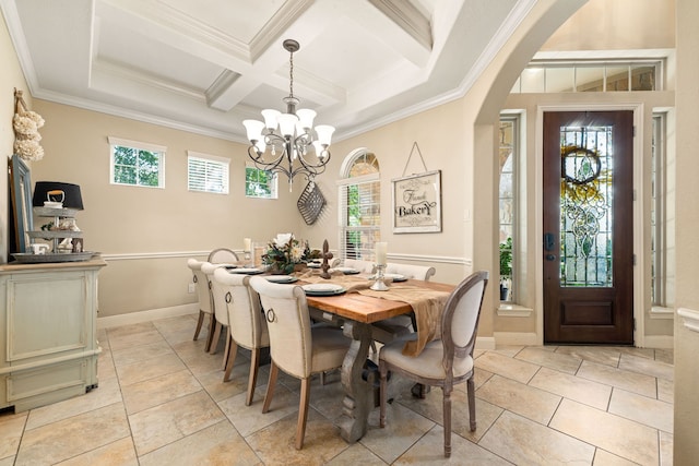dining room featuring arched walkways, beam ceiling, a chandelier, coffered ceiling, and crown molding