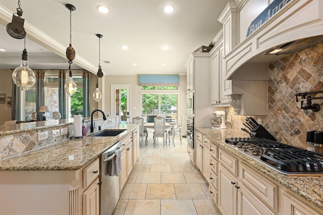 kitchen with stainless steel appliances, a sink, recessed lighting, backsplash, and light stone counters