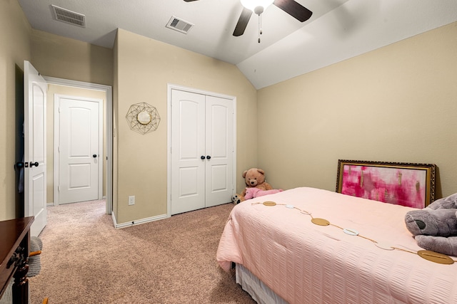 bedroom with ceiling fan, light carpet, visible vents, and a closet