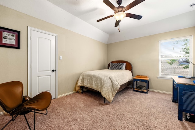bedroom with ceiling fan, visible vents, baseboards, and light carpet