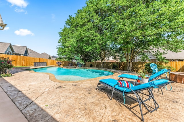 view of pool with a fenced backyard, a fenced in pool, and a patio