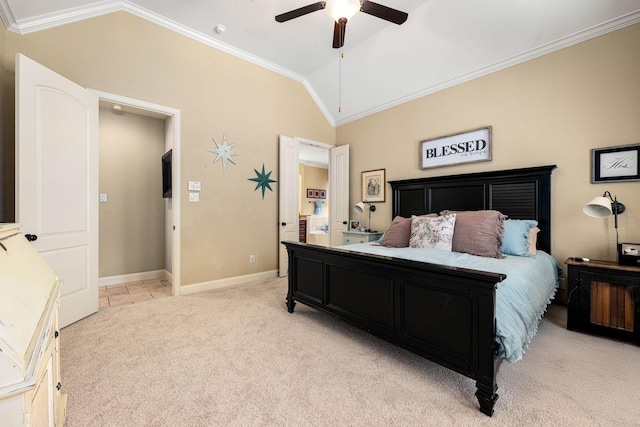 bedroom featuring light carpet, baseboards, lofted ceiling, a ceiling fan, and crown molding