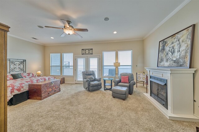 102 Capetown Slip, Conroe, TX 77356 - carpeted bedroom with a fireplace, multiple windows, crown molding, a ceiling fan, and recessed lighting