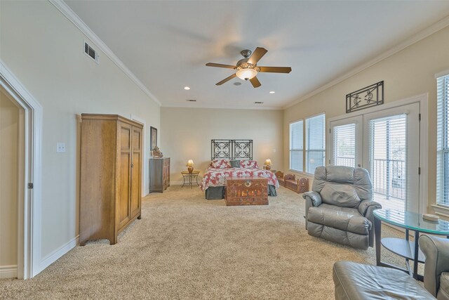 102 Capetown Slip, Conroe, TX 77356 - bedroom with light colored carpet, access to exterior, multiple windows, crown molding, and recessed lighting