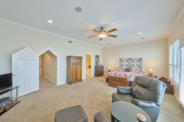 102 Capetown Slip, Conroe, TX 77356 - bedroom with light carpet, recessed lighting, ornamental molding, baseboards, and a ceiling fan