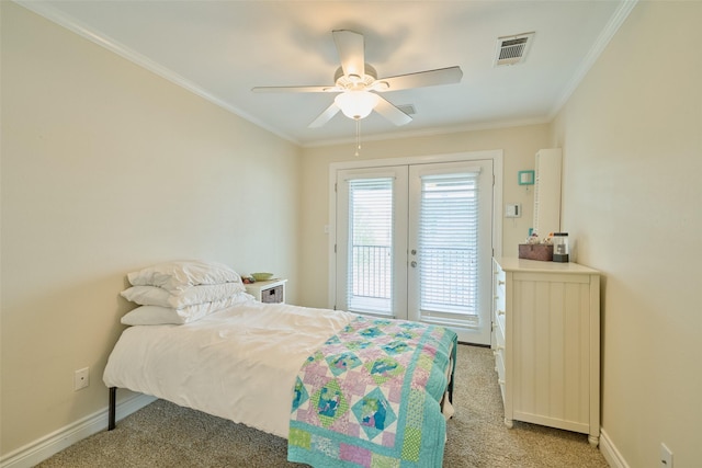 102 Capetown Slip, Conroe, TX 77356 - bedroom featuring french doors, access to outside, light carpet, baseboards, and ornamental molding
