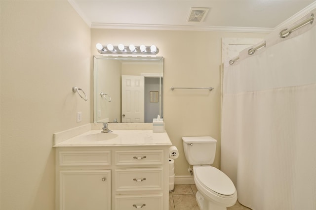 102 Capetown Slip, Conroe, TX 77356 - full bathroom featuring crown molding, vanity, toilet, tile patterned floors, and curtained shower