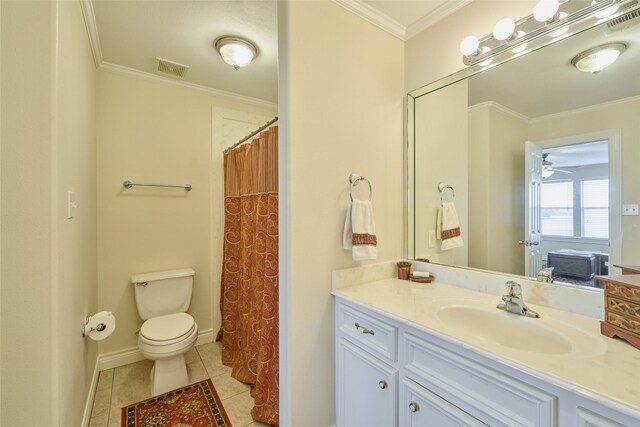 102 Capetown Slip, Conroe, TX 77356 - bathroom featuring vanity, tile patterned floors, toilet, ornamental molding, and ceiling fan
