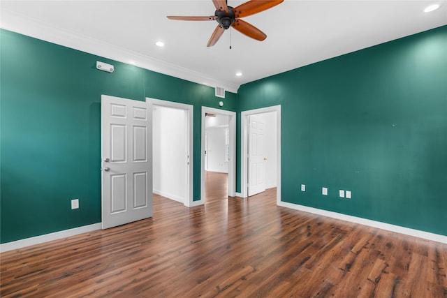 720 W Alabama St, Houston, TX 77006 - unfurnished bedroom with wood finished floors, recessed lighting, ornamental molding, and a ceiling fan