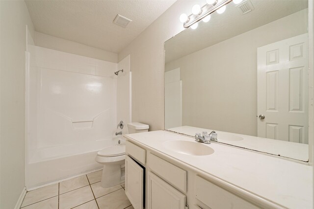 full bath featuring tile patterned floors, toilet, visible vents, vanity, and tub / shower combination