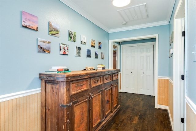 4025 6th St, Galveston, TX 77554 - corridor featuring wainscoting, wooden walls, crown molding, and dark wood-style floors